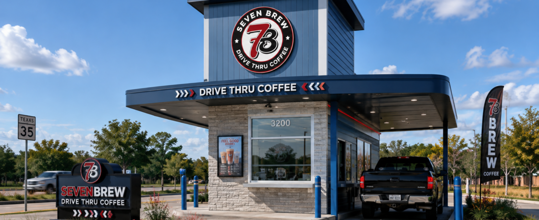 Illustration of a 7 Brew coffee stand with a covered drive-thru lane.