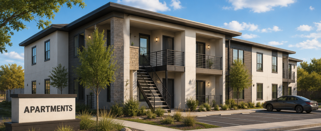 Editorial illustration of a new two-story apartment development.