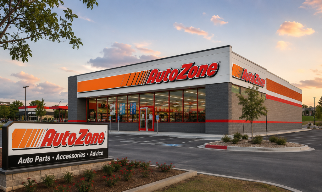 Editorial illustration of a new AutoZone auto parts store.