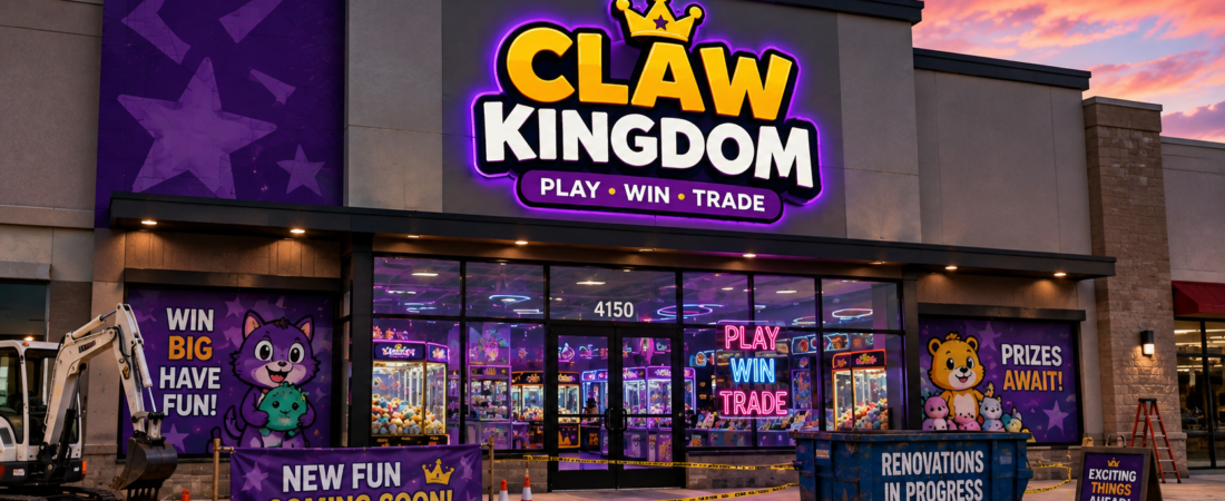 Illustration of a Claw Kingdom arcade storefront renovation in Abilene