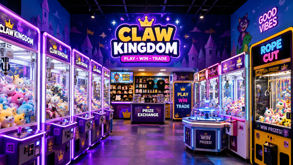 Illustration of a Claw Kingdom-style arcade with claw machines and prize games