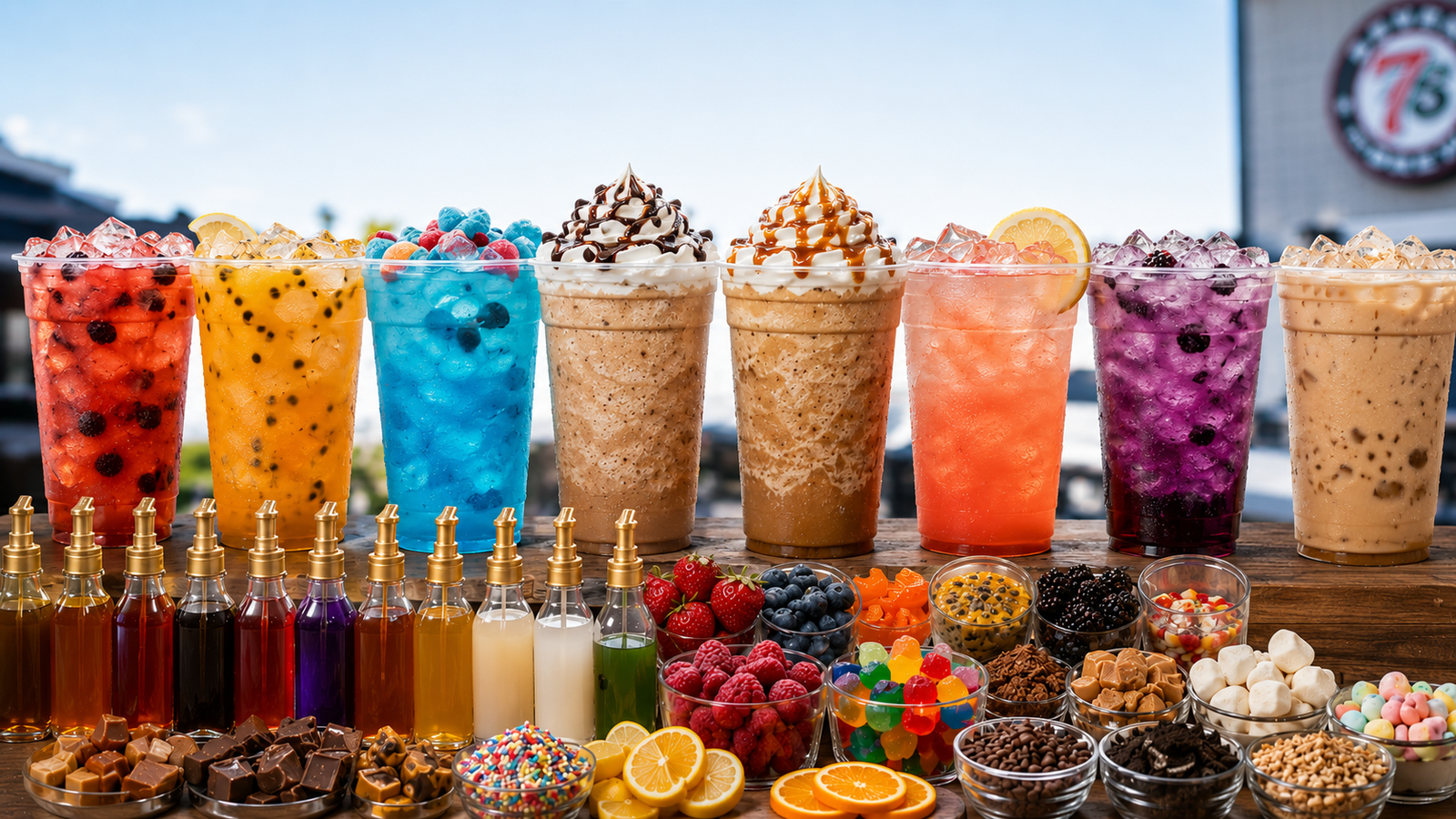 Illustration of colorful 7 Brew-style drinks with syrup bottles and assorted toppings.