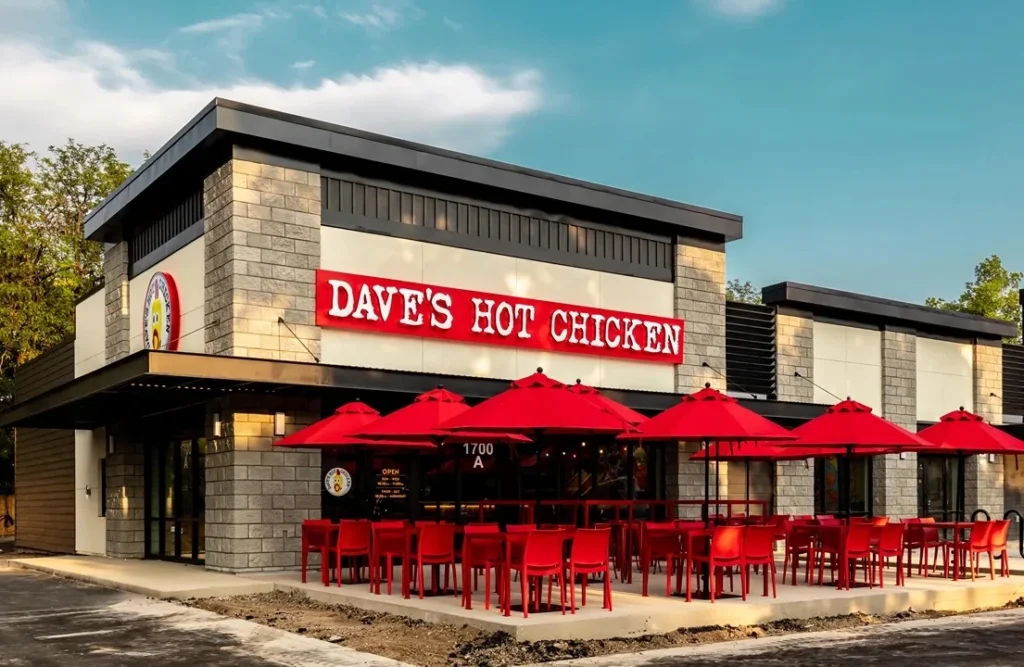Editorial illustration of a Dave's Hot Chicken restaurant