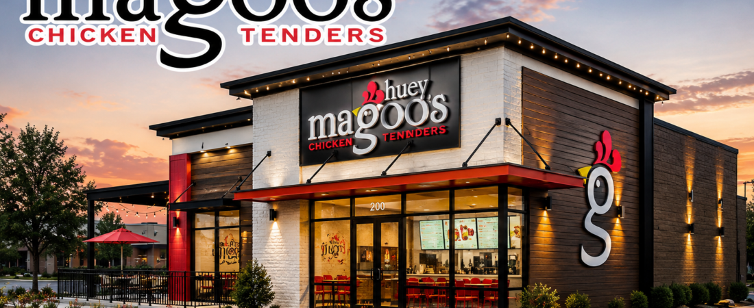 Huey Magoo’s Chicken Tenders Restaurant Illustration Huey Magoo’s Chicken Tenders restaurant exterior illustration