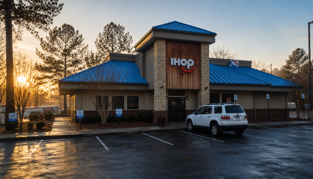 Illustration of IHOP with a rising morning sun