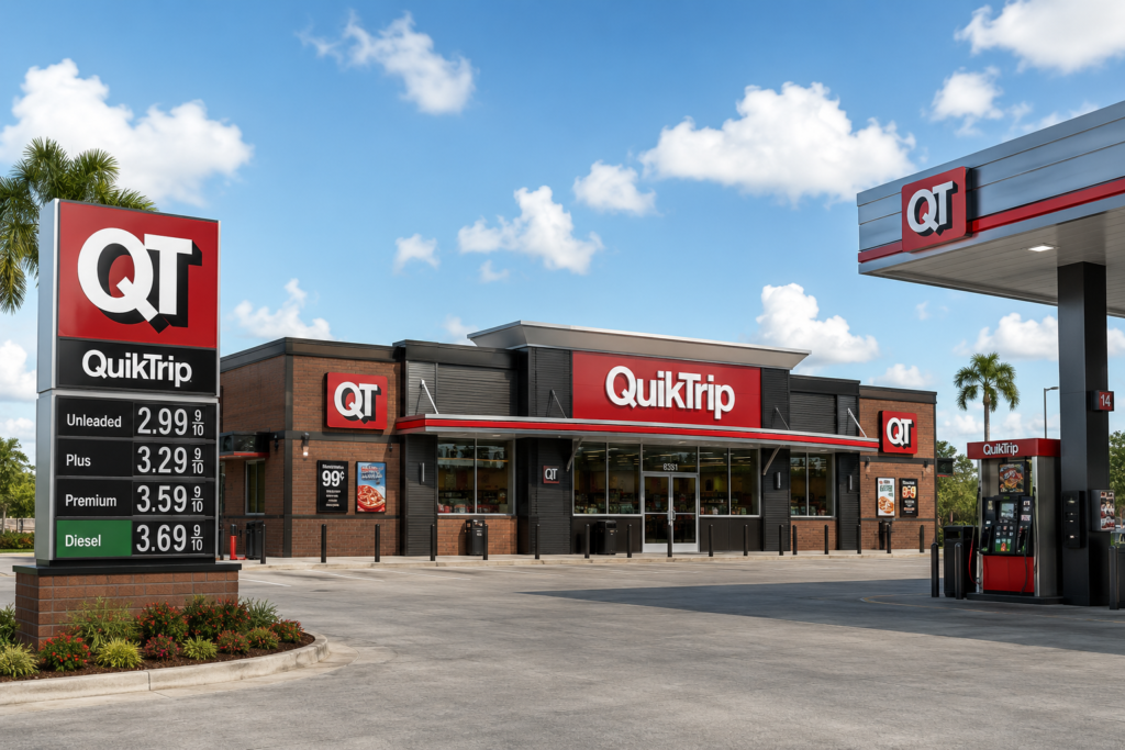 Representative illustration of a QuikTrip convenience store, QT signs and fuel pumps