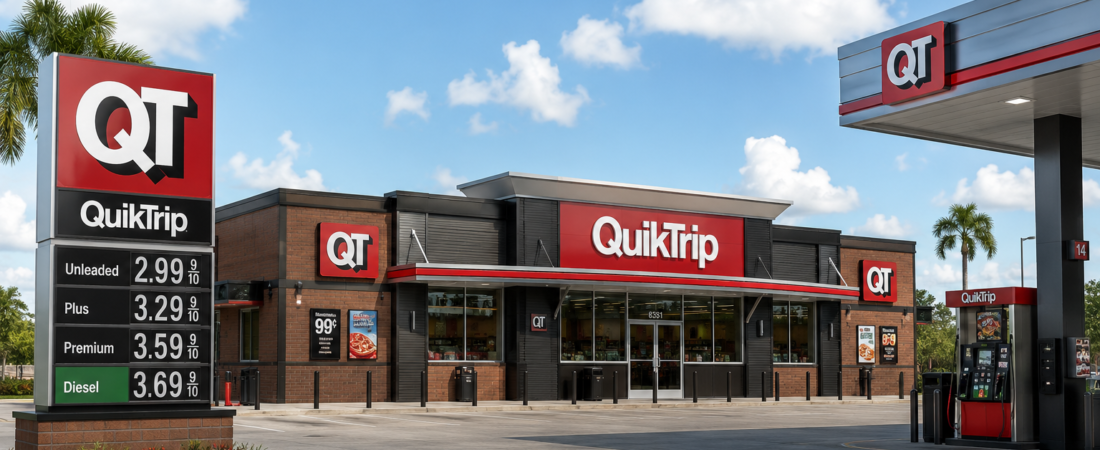 Representative illustration of a QuikTrip convenience store, QT signs and fuel pumps