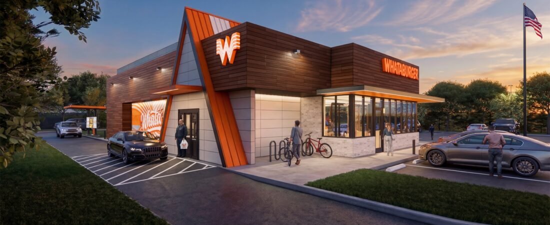 Whataburger restaurant with orange-and-white architectural design