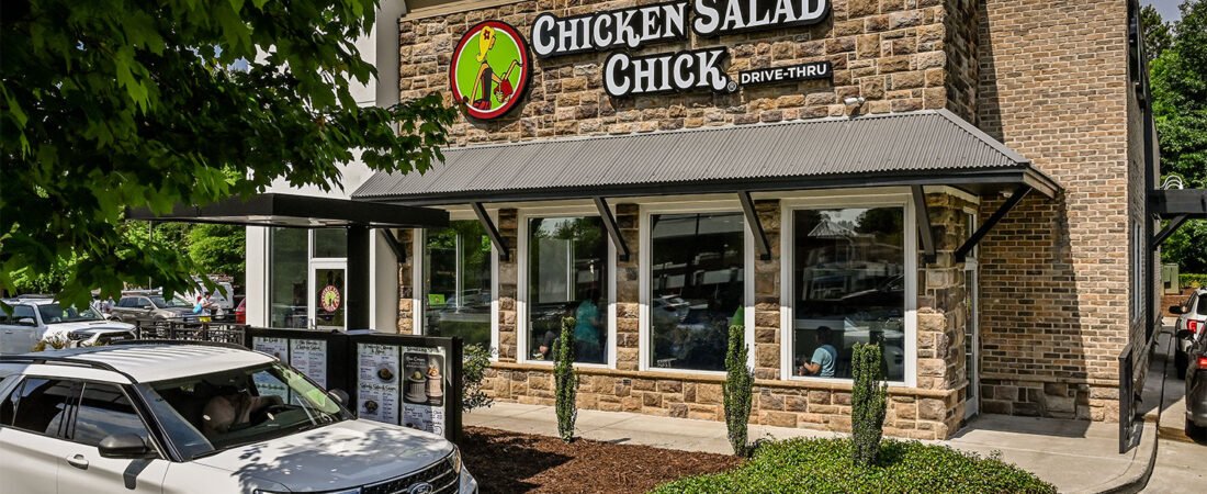 Chicken Salad Chick with a drive thru location, image represents store front.