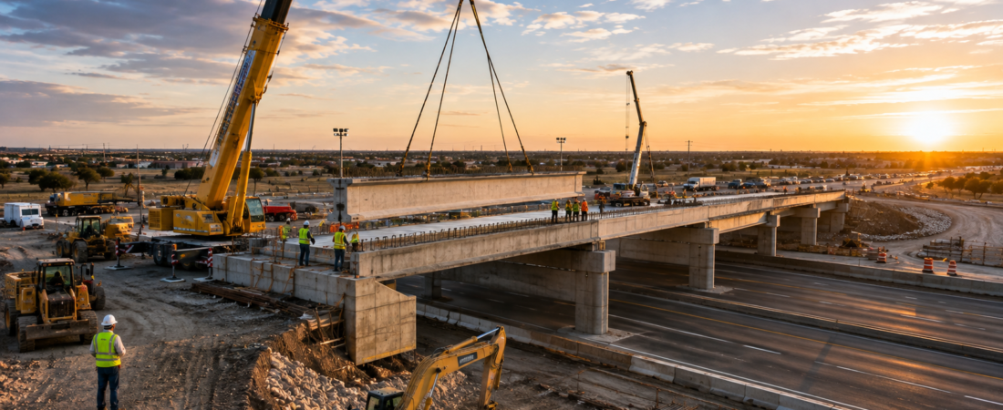 bridge Illustration of Construction crews installing a new bridge for the Maple Street Bridge project in Abilene, Texas