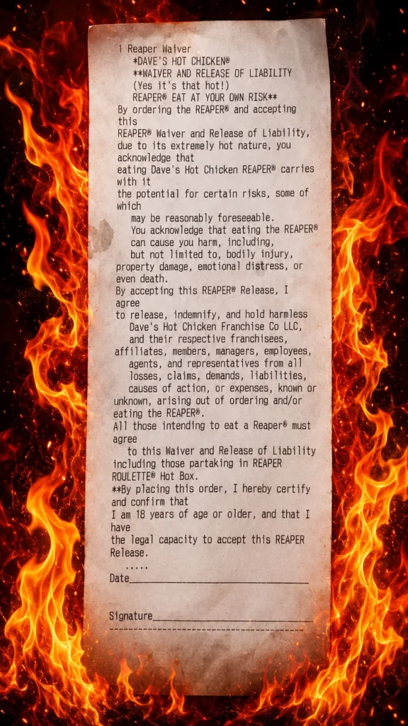 Dave Hot Chicken Reaper Waiver with fire flames for special effects