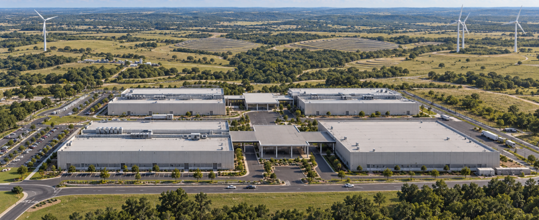AI-generated conceptual illustration for the Project Hyper story showing a data center campus inspired by Crusoe and Lancium’s announcement artwork.