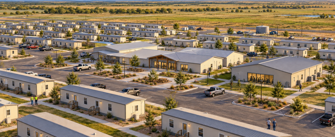 AI-generated conceptual illustration of a workforce housing camp with modular residences and shared facilities.