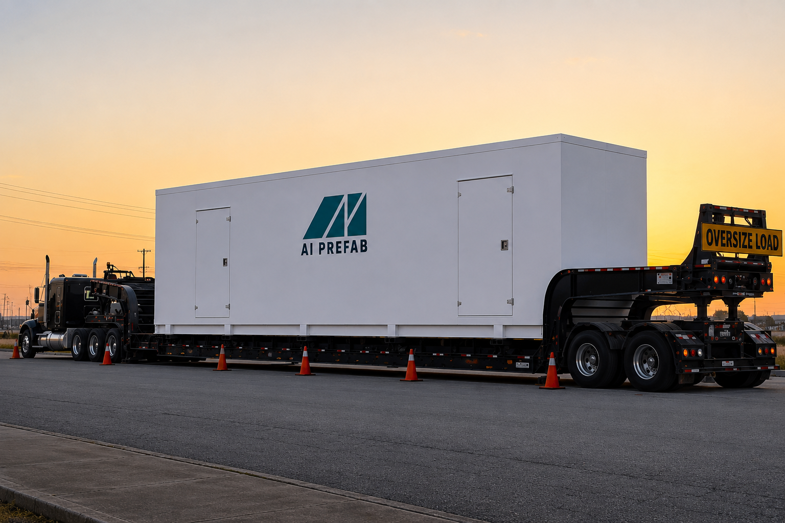 AIPREFAB AI Prefab Solutions promotional image showing a modular enclosure on a transport trailer