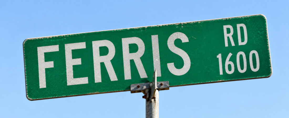 Ferris Road 1600 Block Street Sign Illustration AI-generated recreation of the Ferris Road 1600-block street sign