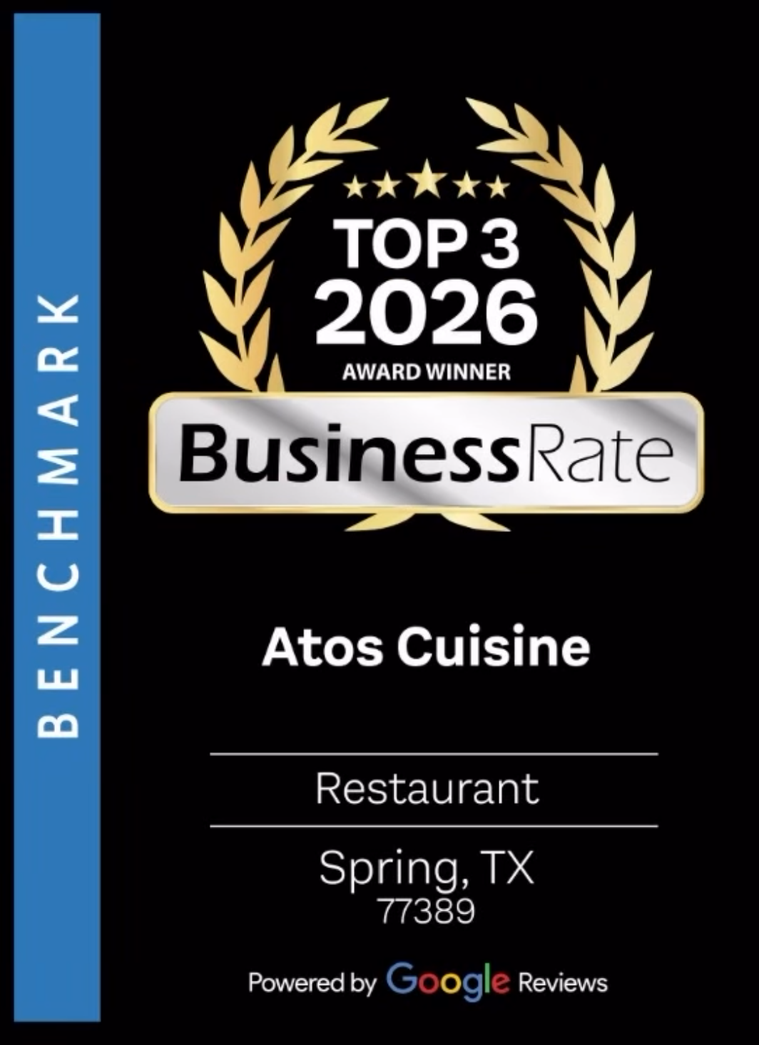 BusinessRate Top 3 2026 recognition graphic naming Atos Cuisine in Spring Texas