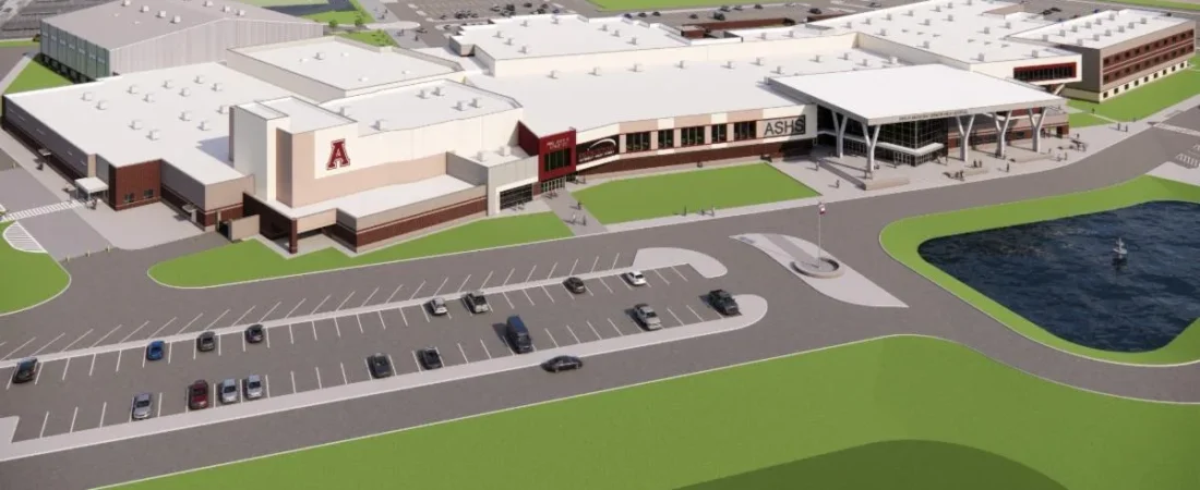 Architectural rendering of Anthony High School in Princeton showing the planned entrance and campus buildings