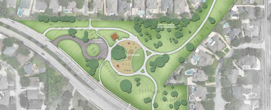Norman Lee Robinson Park preferred concept plan showing a playground, pavilion, walking paths and parking