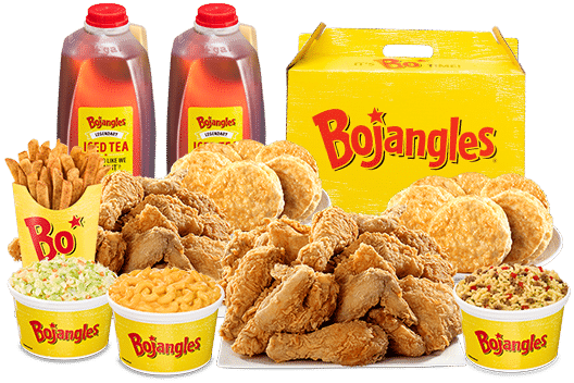 Bojangles fried chicken, biscuits, sides and iced tea