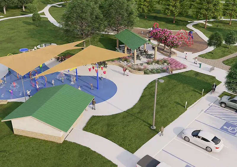 Briercliff Park aerial concept rendering showing splash pad, playground, paths and parking