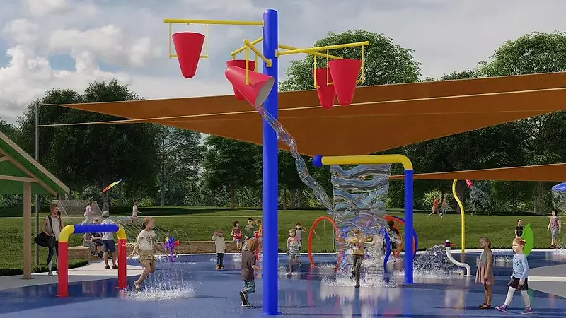 Briercliff Park concept rendering of a splash pad with tipping buckets and shade sails