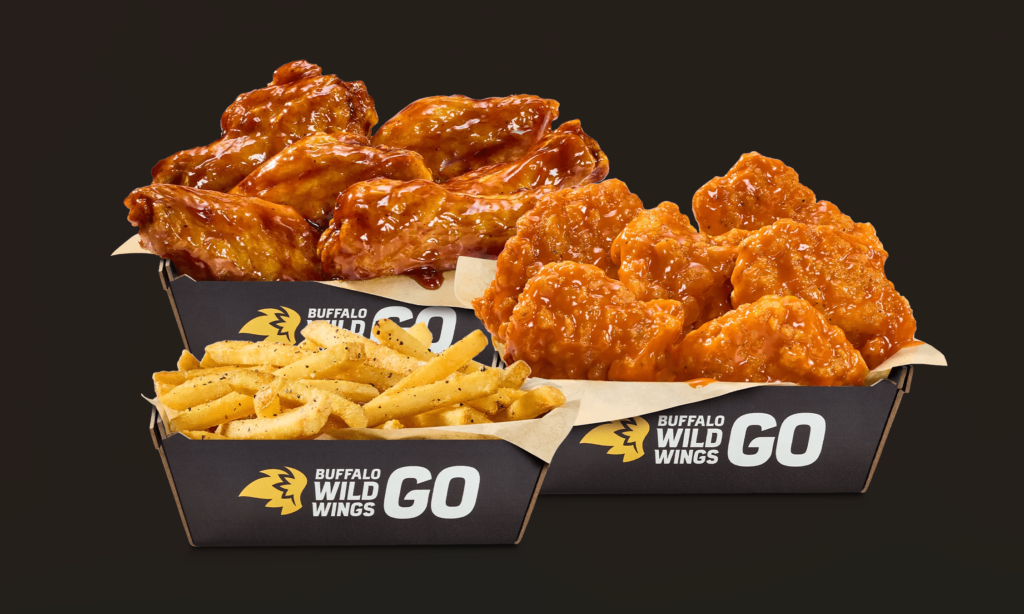 Traditional wings, boneless wings, and fries in Buffalo Wild Wings GO boxes