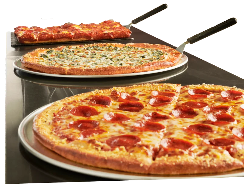 Cicis Pizza All-You-Can-Eat Buffet Cicis Pizza buffet with assorted pizzas on the all-you-can-eat buffet line