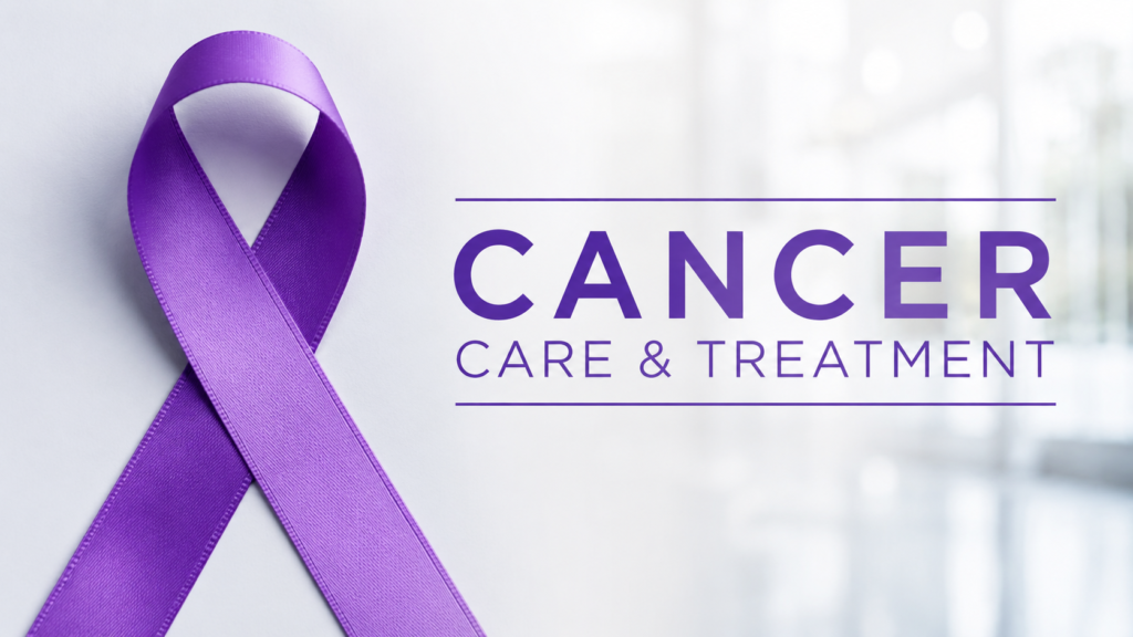 Purple cancer awareness ribbon representing cancer care and treatment.