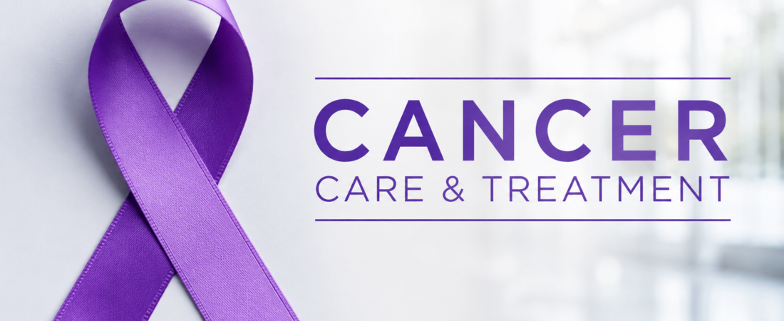 Purple cancer awareness ribbon representing cancer care and treatment.