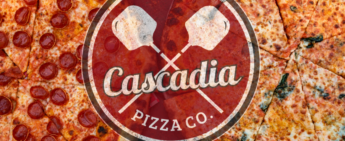 Cascadia Pizza Co — Pizza and Logo Cascadia Pizza Co logo over pepperoni and basil pizzas