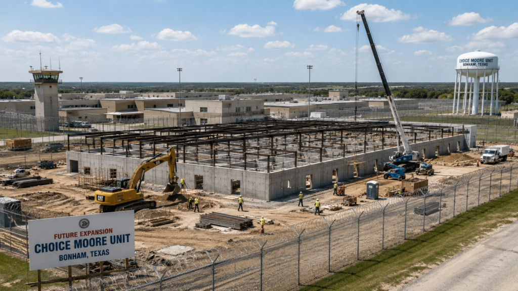 Editorial illustration of the Choice Moore Unit prison expansion under construction in Bonham, Texas.