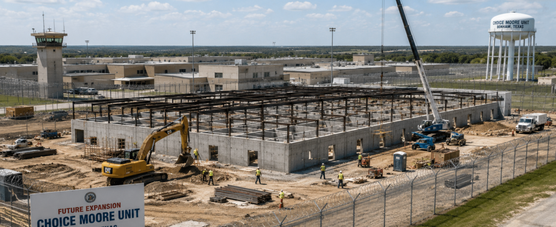 Editorial illustration of the Choice Moore Unit prison expansion under construction in Bonham, Texas.