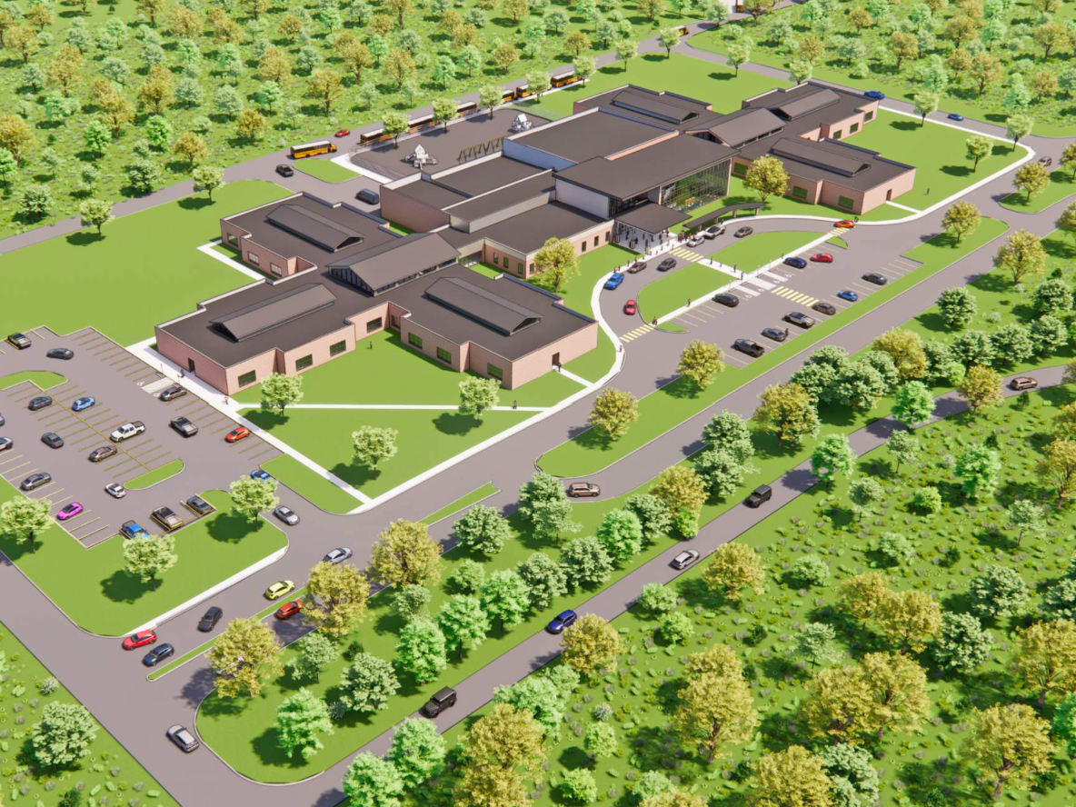 Corsicana Early Childhood Center Aerial Rendering Corsicana Early Childhood Center aerial rendering showing classroom wings, parking and campus drives