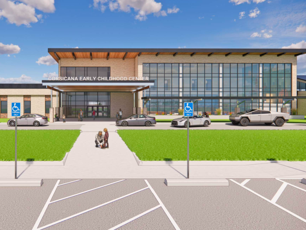 Corsicana Early Childhood Center proposed entrance with a glass facade and covered drop-off