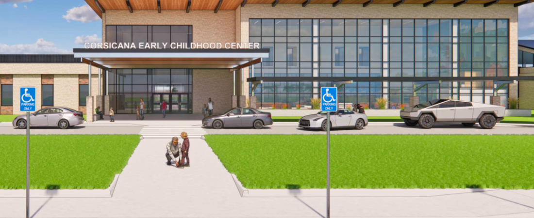 Corsicana Early Childhood Center Entrance Rendering Corsicana Early Childhood Center proposed entrance with a glass facade and covered drop-off