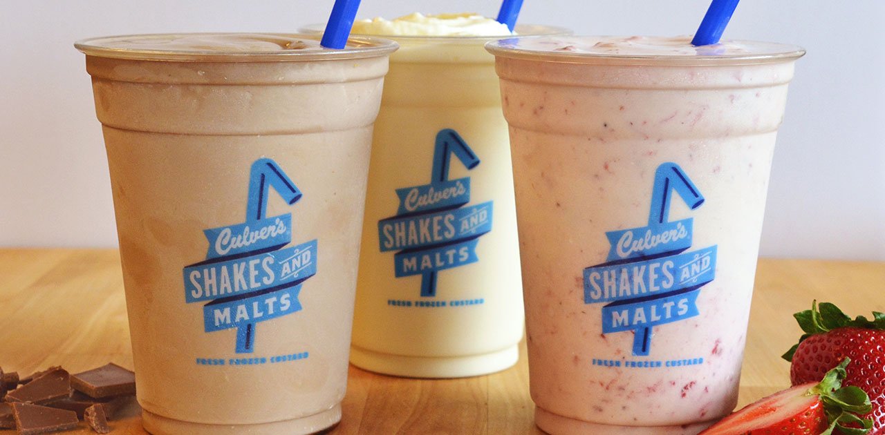 Culver’s Shakes and Malts Three Culver’s frozen custard drinks in branded cups with blue straws.