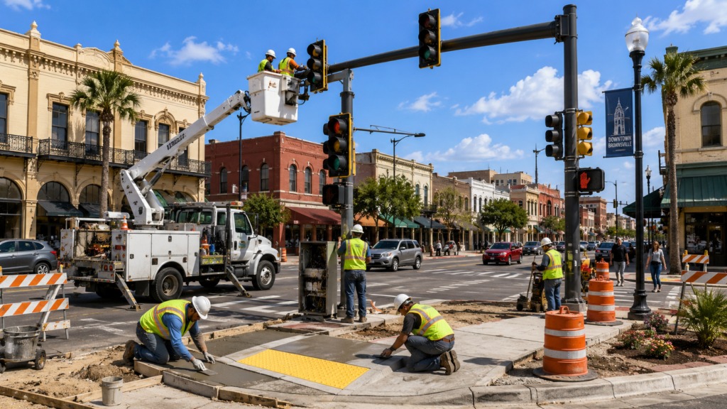 Editorial illustration of traffic signal and pedestrian improvements at a Downtown Brownsville intersection.