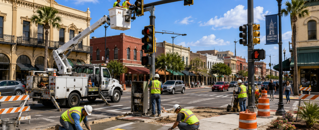 Editorial illustration of traffic signal and pedestrian improvements at a Downtown Brownsville intersection.