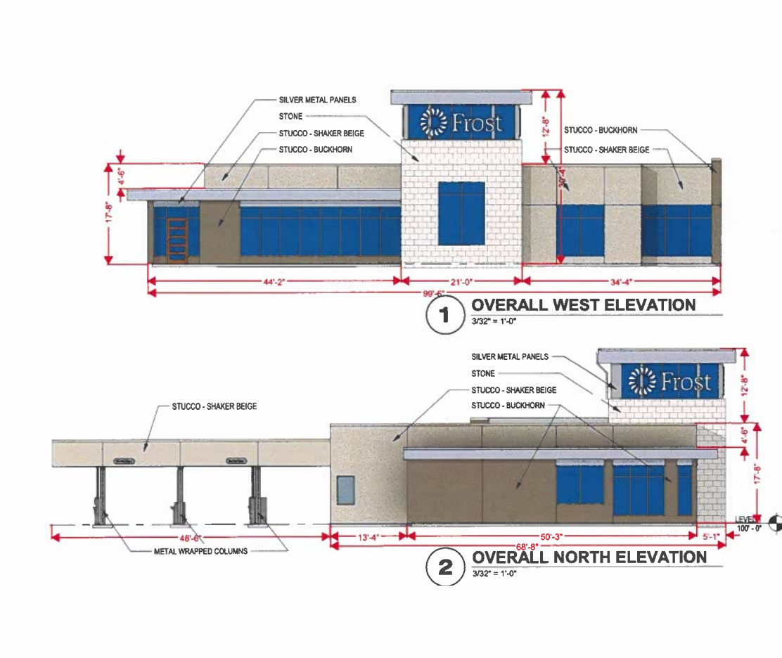 Frost Bank Waxahachie architectural elevations showing stone, stucco and the motor-bank canopy