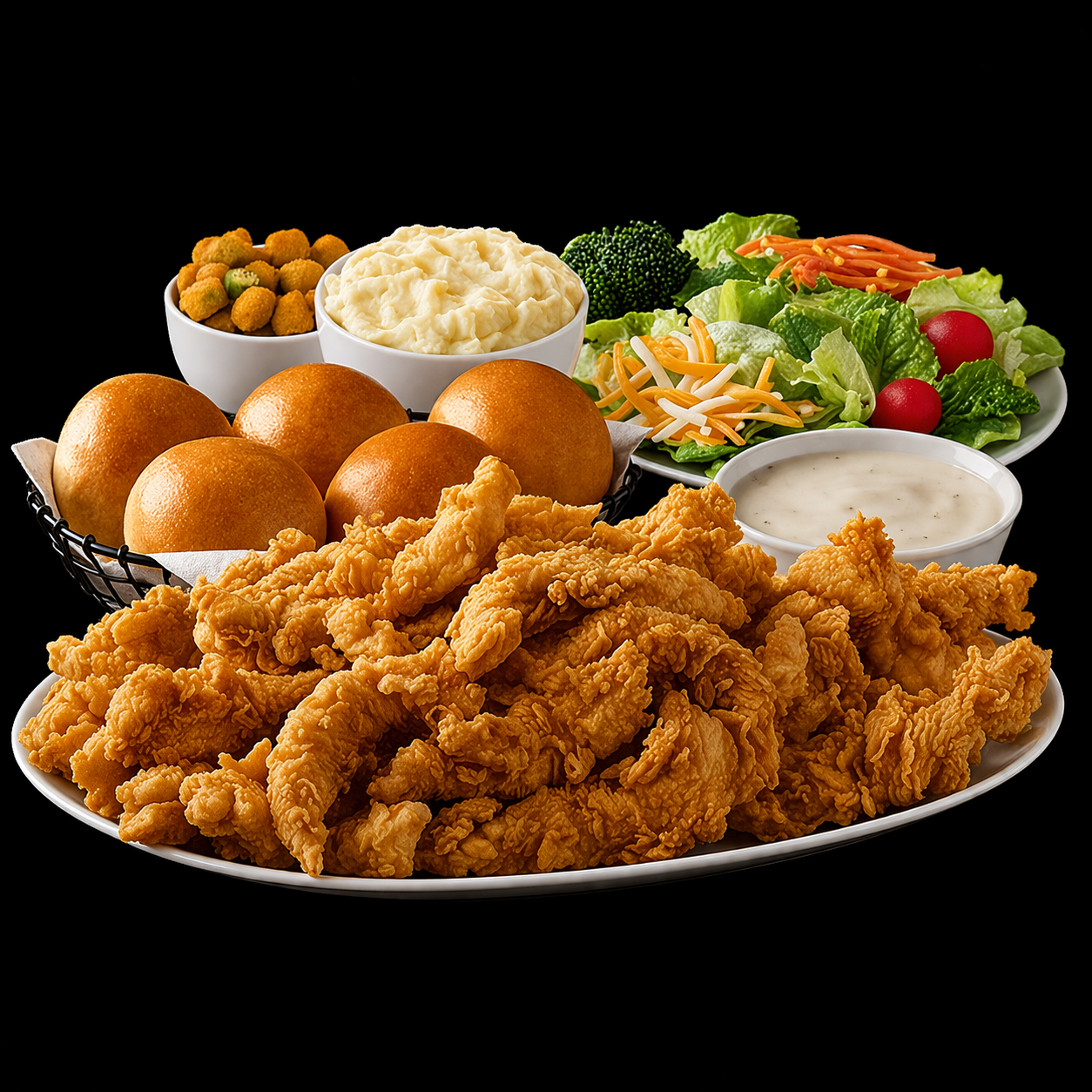 Golden Chick chicken tenders with rolls, gravy, mashed potatoes, fried okra, and salad.