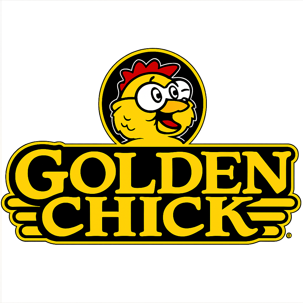 Golden Chick logo with yellow lettering and chicken mascot.