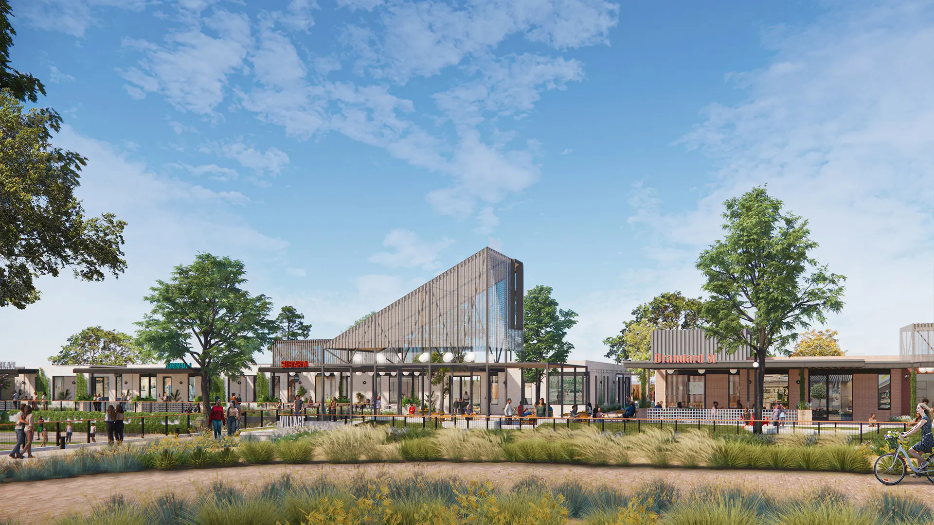 Greenside01 Rendering of Greenside restaurants, landscaped paths and outdoor gathering spaces in Houston