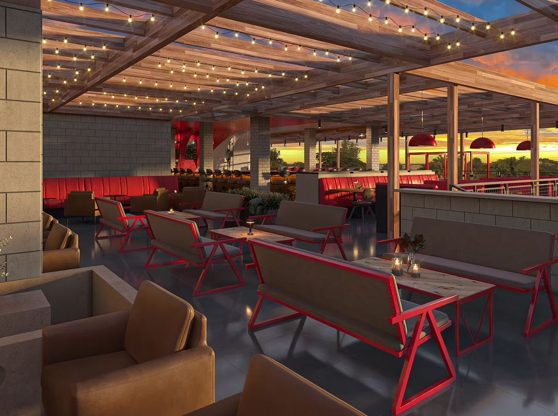 HG Sply Co. Rooftop Dining Rendering HG Sply Co. rooftop rendering with lounge seating, red accents, and string lights.