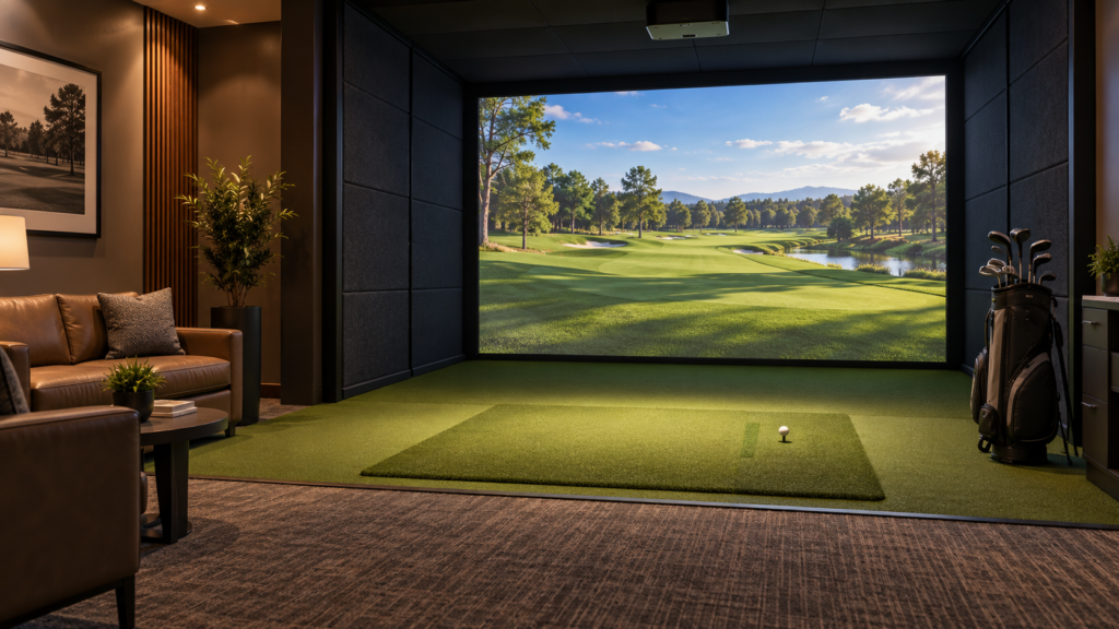 Illustration of an indoor golf simulator with a hitting mat, clubs, and lounge seating.