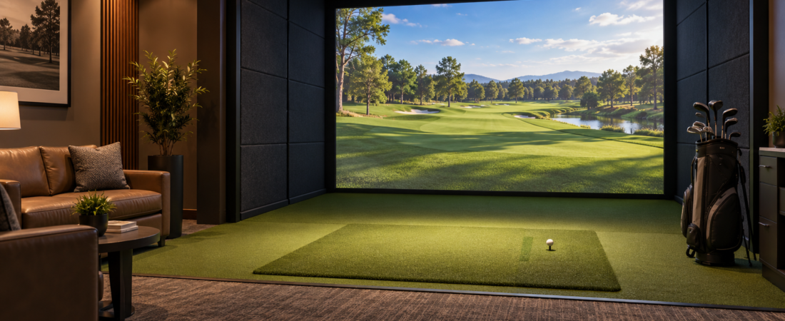 Illustration of an indoor golf simulator with a hitting mat, clubs, and lounge seating.