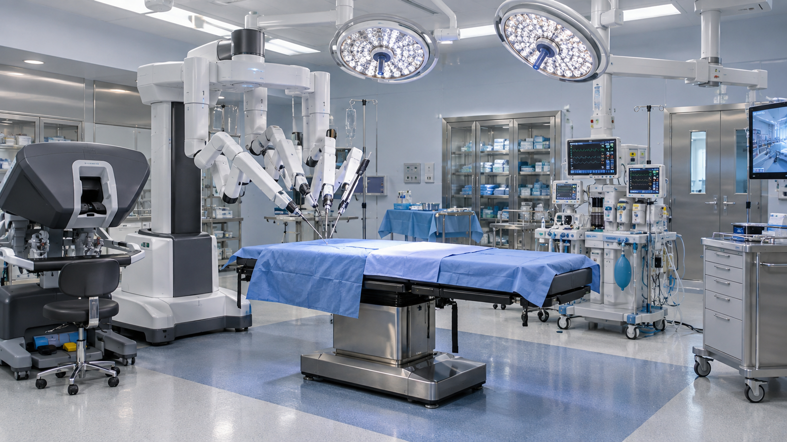 AI-generated illustration of a robotic surgery operating room with surgical arms and an operating table