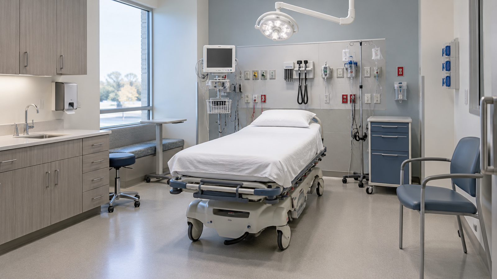 Frontier ER illustration of an emergency treatment room with a patient bed, monitor, and medical equipment.