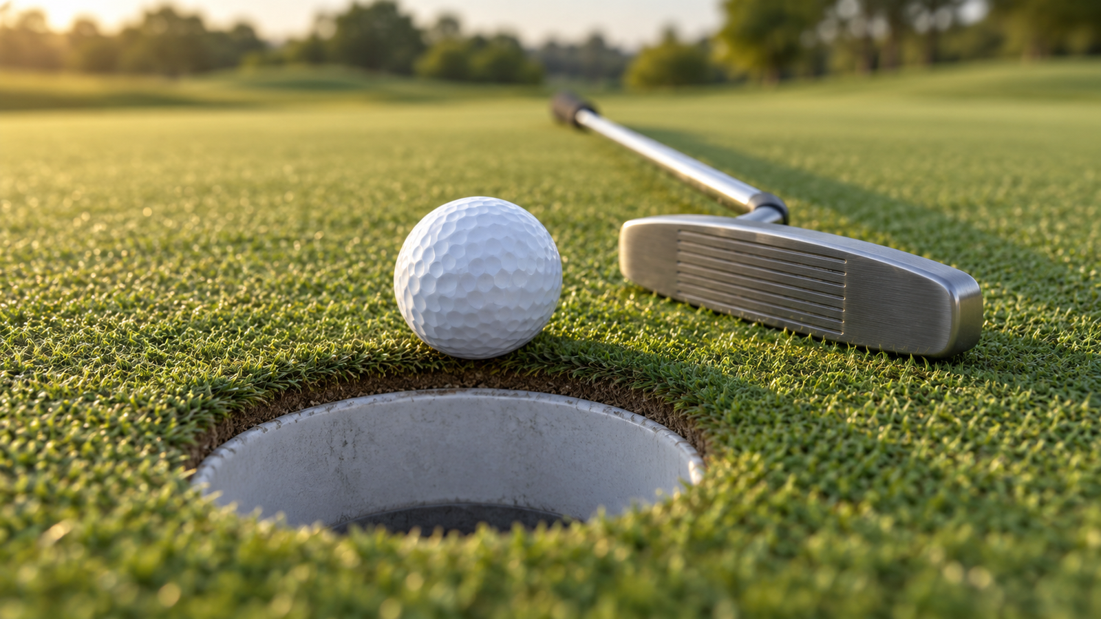 Birdies - Golf ball resting at the edge of a hole with a putter lying beside it.