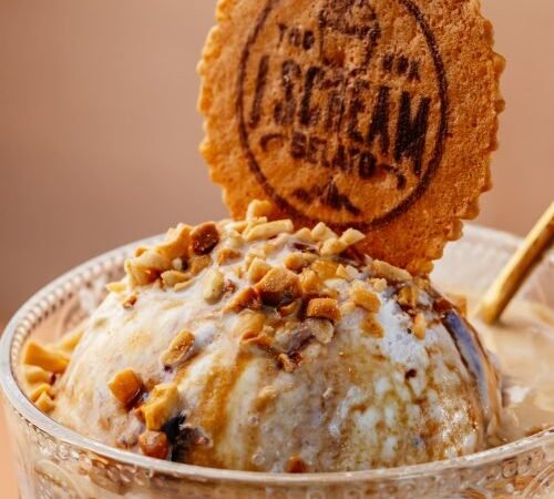 I Scream Gelato Dessert I Scream Gelato dessert topped with chopped nuts, sauce, and a branded wafer
