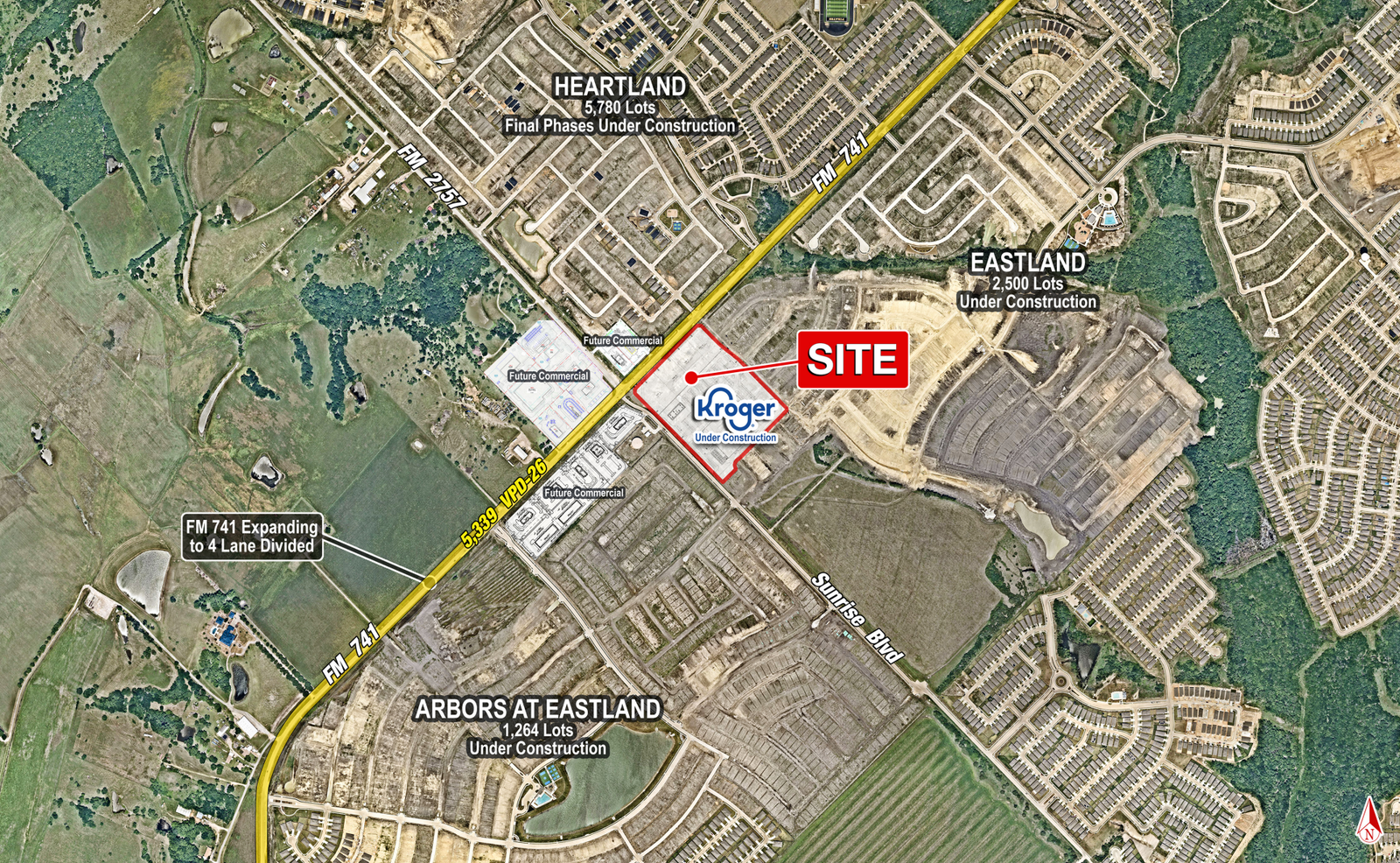 SHOP Companies map showing planned Kroger in Crandall at FM 741 and Sunrise Boulevard near Heartland and Eastland